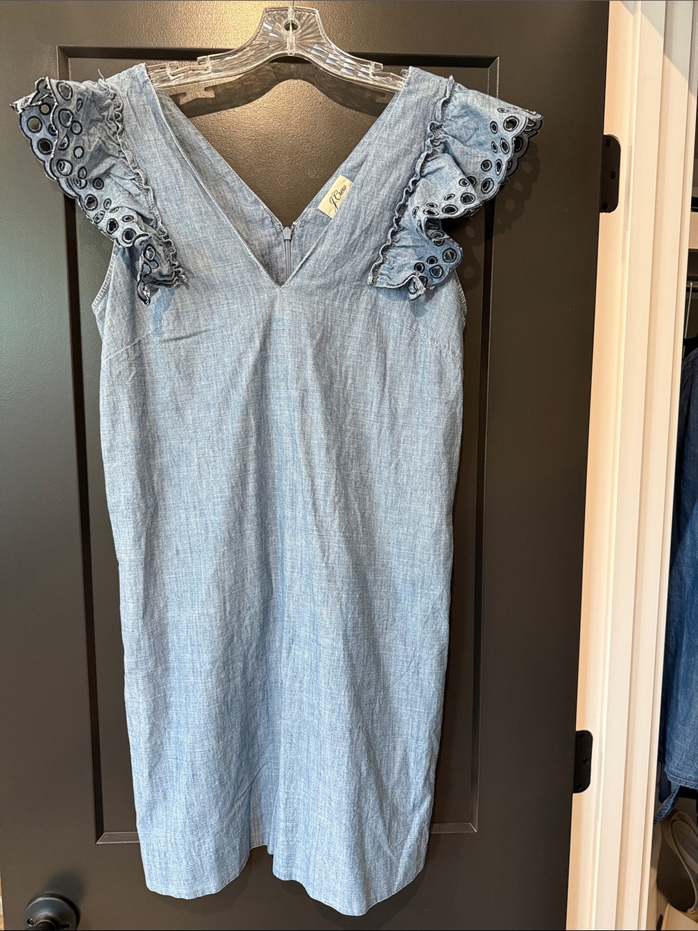 J Crew Chambray Ruffle Shoulder Sheath Dress. Size 8